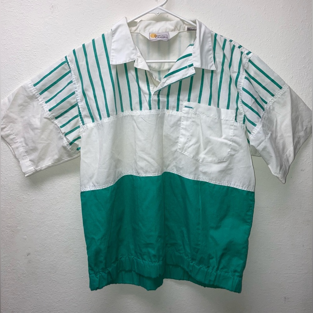 1980s Men’s Sz Medium Retro Turquoise Teal Jewel Tone Multi Patterned Boat Shirt